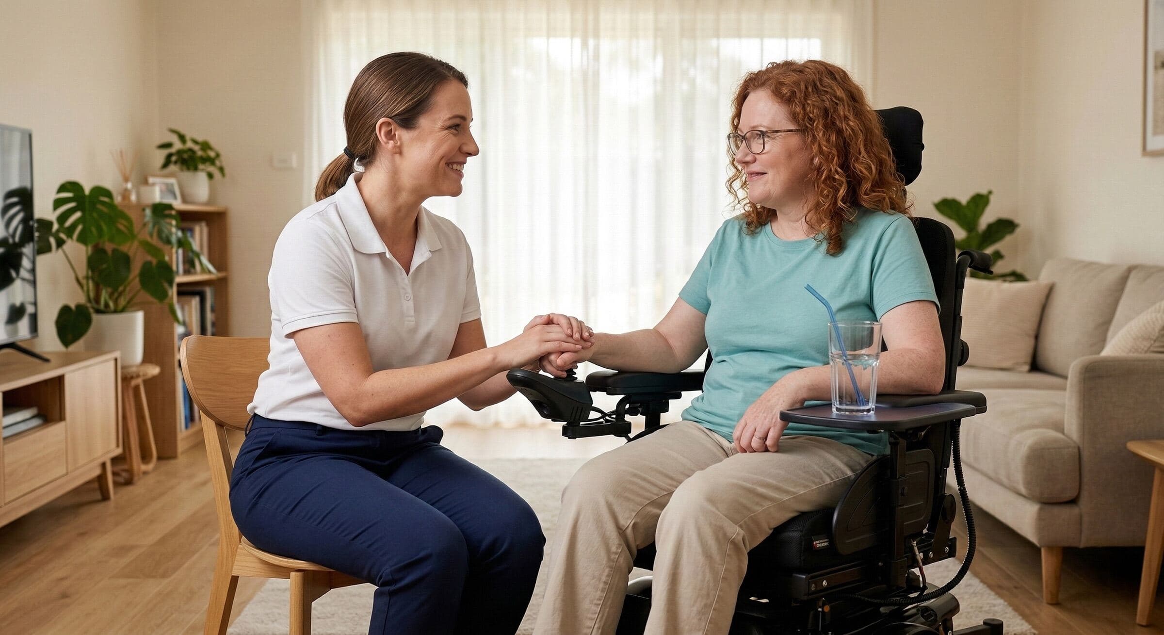 NDNS carer sitting with a client in a wheelchair, holding hands