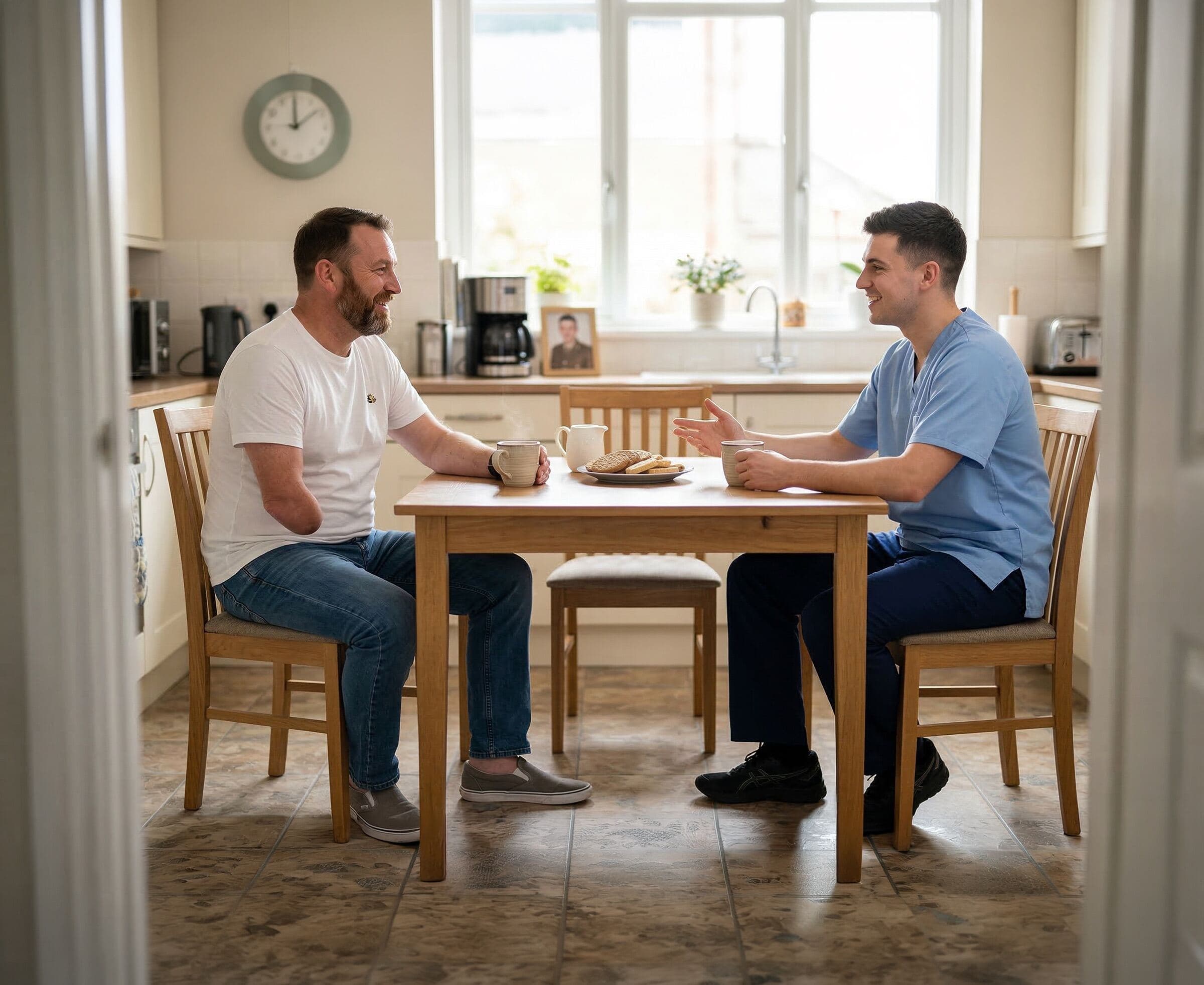 NDNS carer chatting with a client over a cup of tea