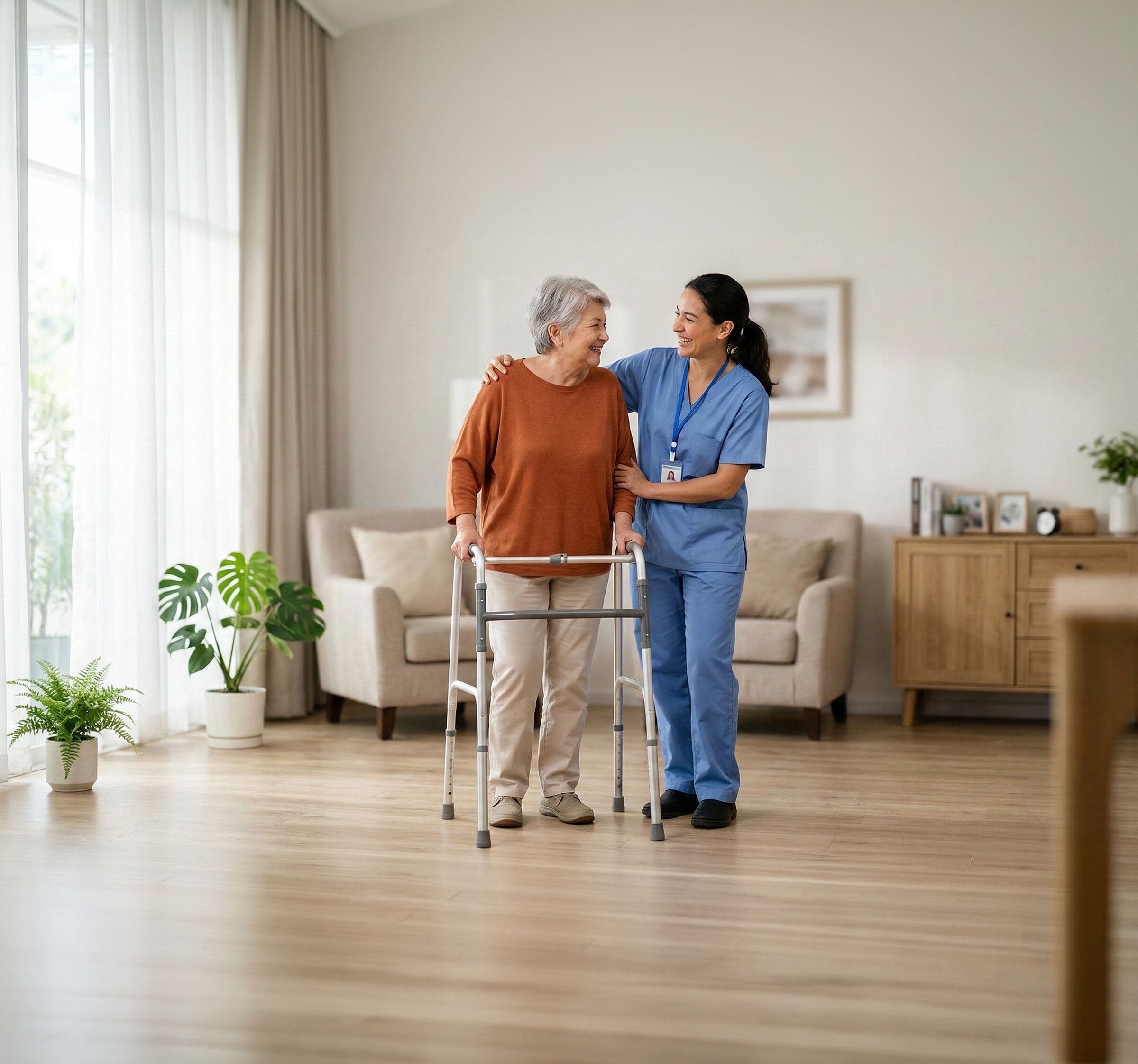 NDNS carer helping a woman with a walking frame at home
