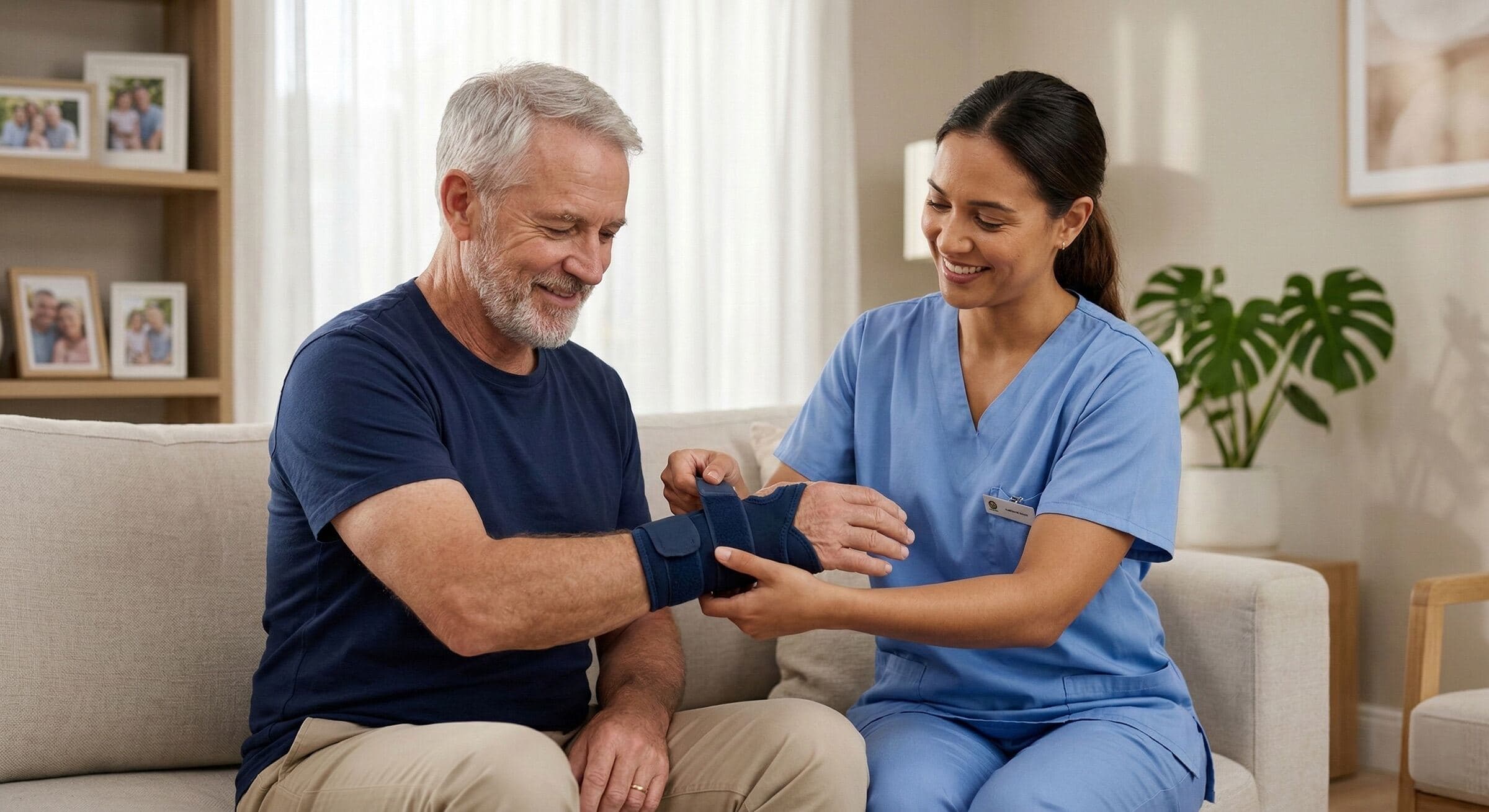 NDNS nurse helping a client with a wrist brace at home